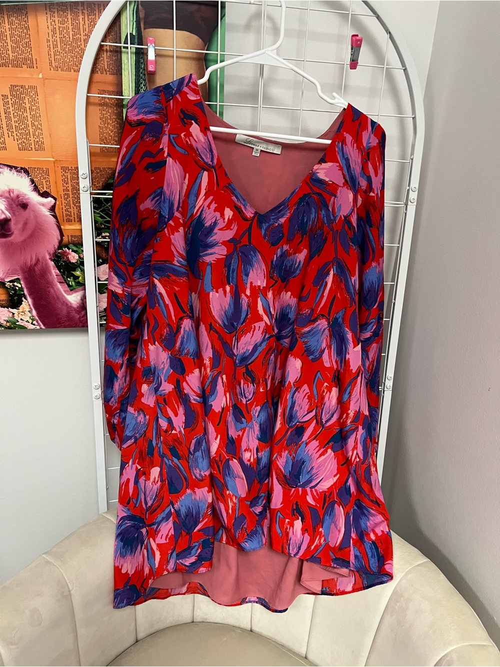 Lovers + Friends Red Floral V-Neck Mini Dress with Purple and Pink Accents